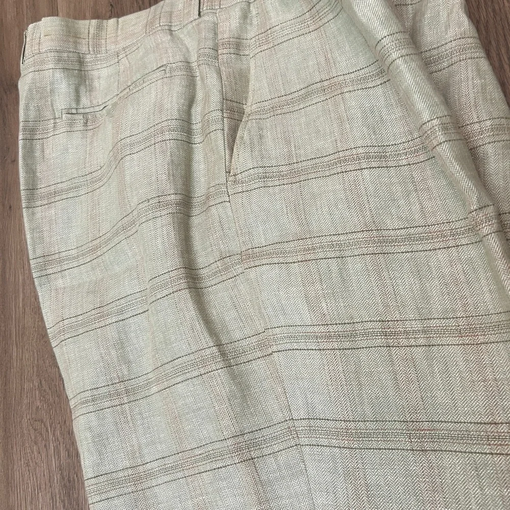 Inserch 100% Linen Sage Green Windowpane Plaid Herringbone Pants Cuff 40L